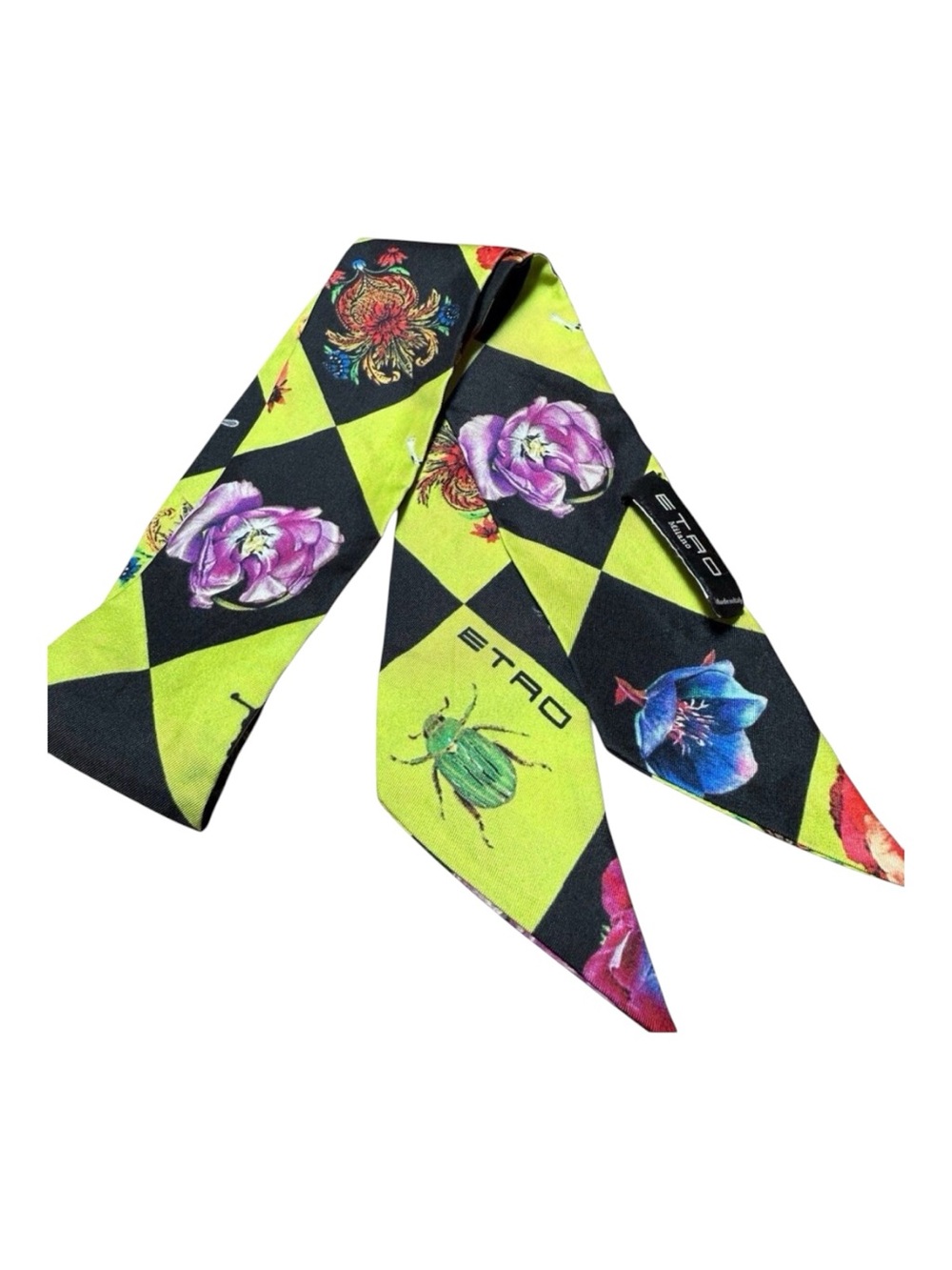Etro Silk Skinny Scarf 32x2 Butterfly Beetle Floral Print Black Green Italy